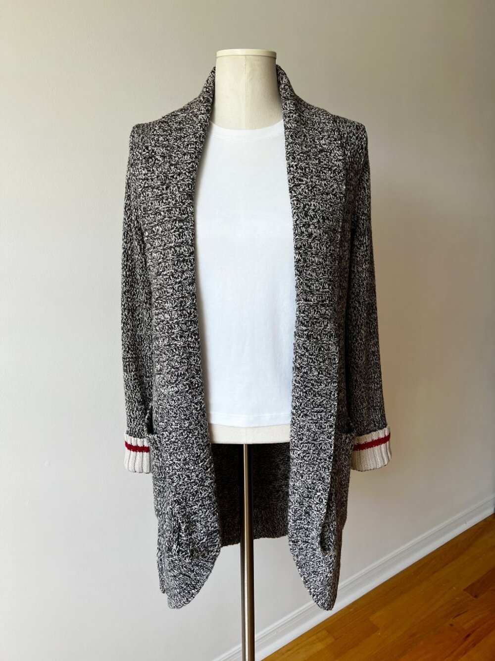 Roots Cabin Shawl Open Longline Cardigan Marled Grey Red Stripe S